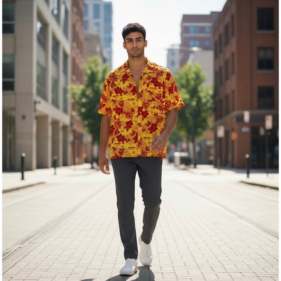 DHL Employee Shirt Mens Large Supply Chain Hawaiian Hibiscus Yellow Red Roody